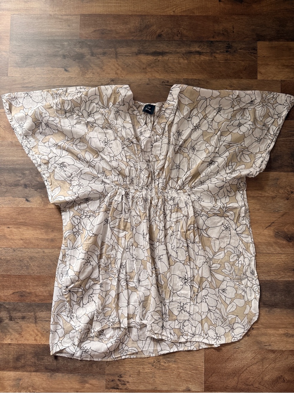 Echo Beige and White Floral Drawstring V-Neck Tunic